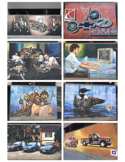 The mural is comprised of 8 panels depicting the history of General Motors.
