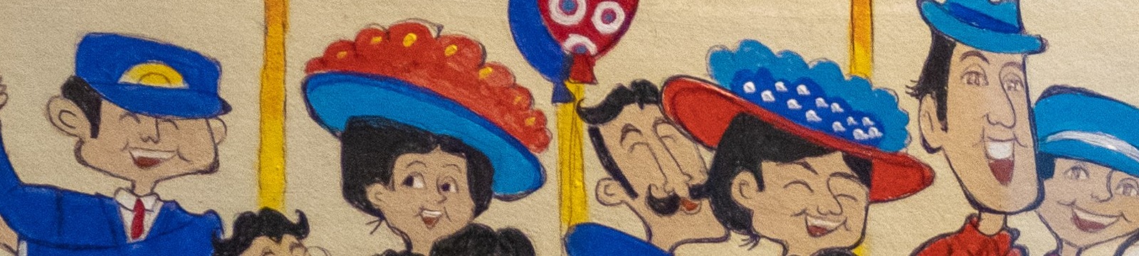 Section of a painting by Eric Sangwine depicting people on a streetcar going to Oshawa's lake front