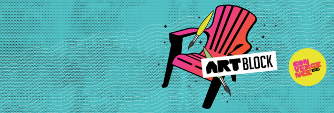 A blue background with a pink Muskoksa chair graphic icon on the right side and yellow paint brushes
