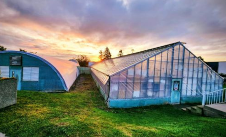 Outdoor view of parks glass greenhouse, two buildings with green landscaped property.