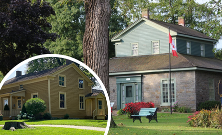 Image of exterior of Oshawa Museum main building, with circle inlet of Henry House, an additional exterior house on the property.
