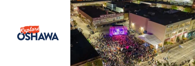 Oshawa Tourism logo with an aerial view of a concert