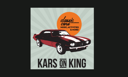 red muscle car with the words classic cars, music, activities and more Kars On King