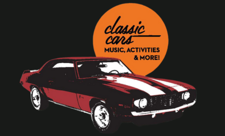 red muscle car with the words classic cars, music, activities and more Kars On King
