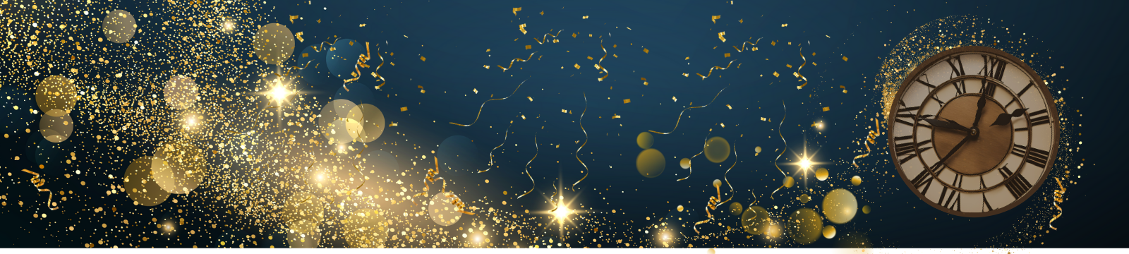 Blue background with gold sparklers, streamers and a clock face