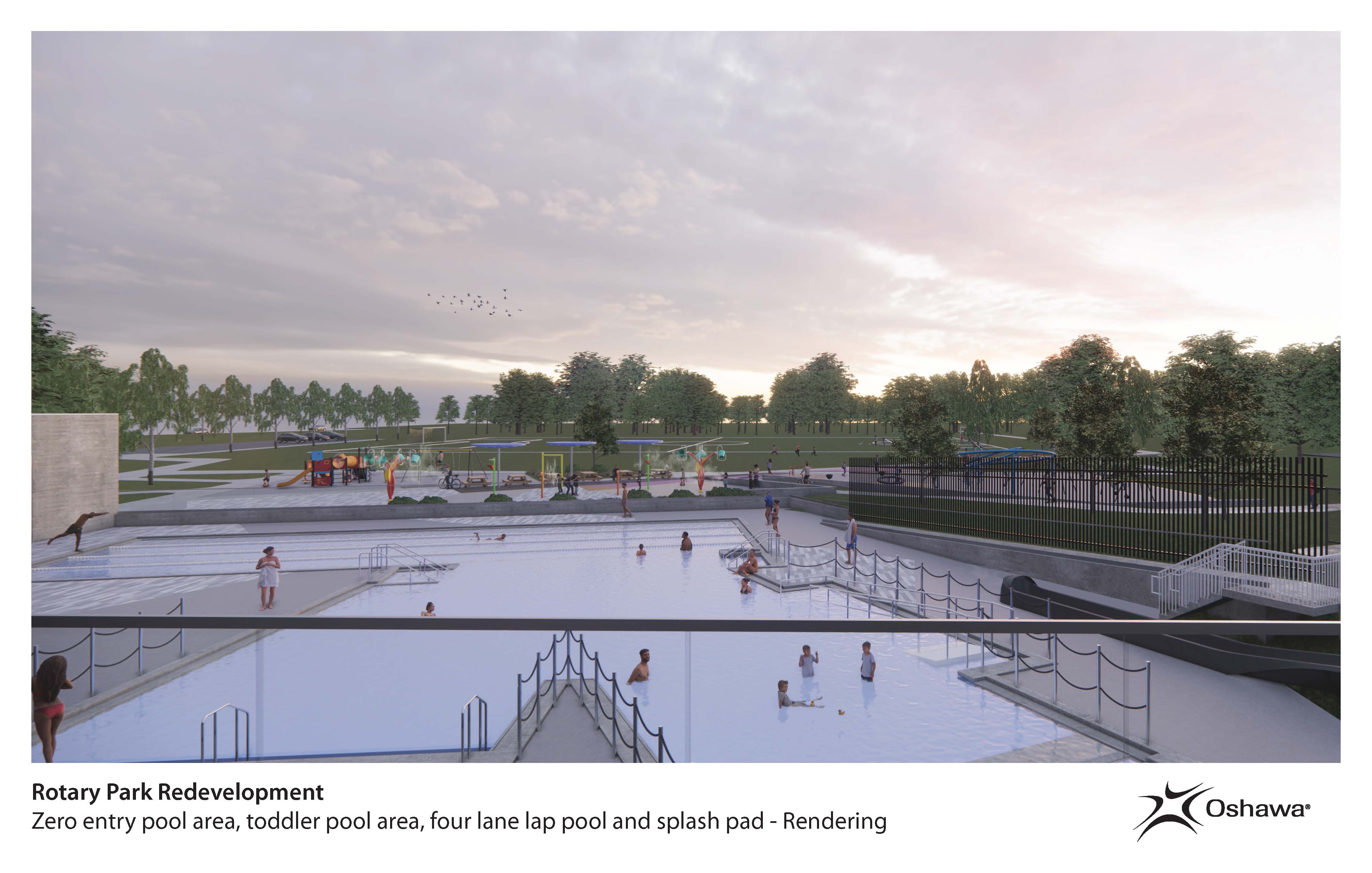 Rendering: Zero entry pool area, toddler pool area, four lane lap pool and splash pad