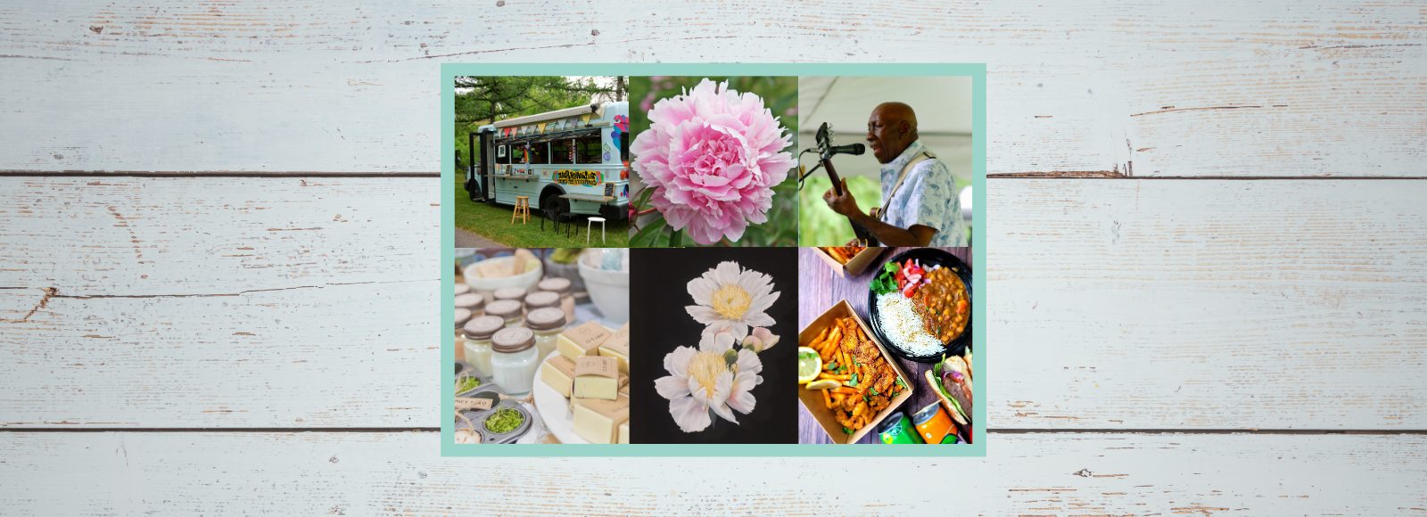 handcrafted cutting boards and soap, pink peony, painted white peony, a musician singing into a microphone and food
