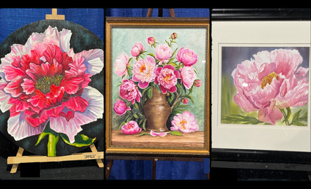 Three painted pictures of pink peonies