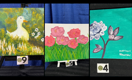 Paintings of a goose with flowers, Peonies, and peonies on a turquoise background
