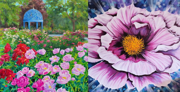 Paintings of peonies with a gazebo structure at the back