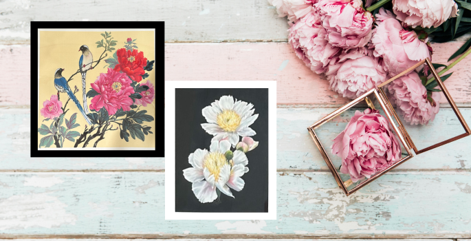 two pictures of art work - one of a peacock with a peony the other of a peony on a grey board background with light pink peonies and a photo frame