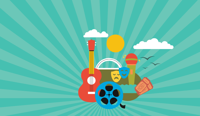 Events in the Park: Live music, theatre, & a movie with colourful background and 4 circles