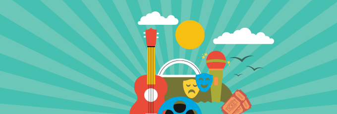 icons of movie reels, microphone, happy and sad masks, birds, a guitar and some tickets
