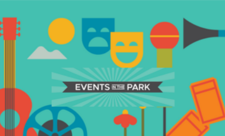 Events in the Park logo with icons of a guitar, film reels, tickets, a microphone, and cartoon iconigraphy