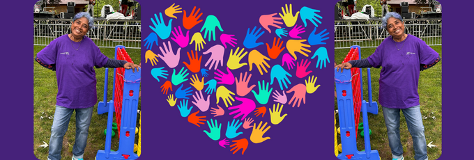 a heart made with multi-coloured hands and 2 pictures of a smiling lady in a purple shirt