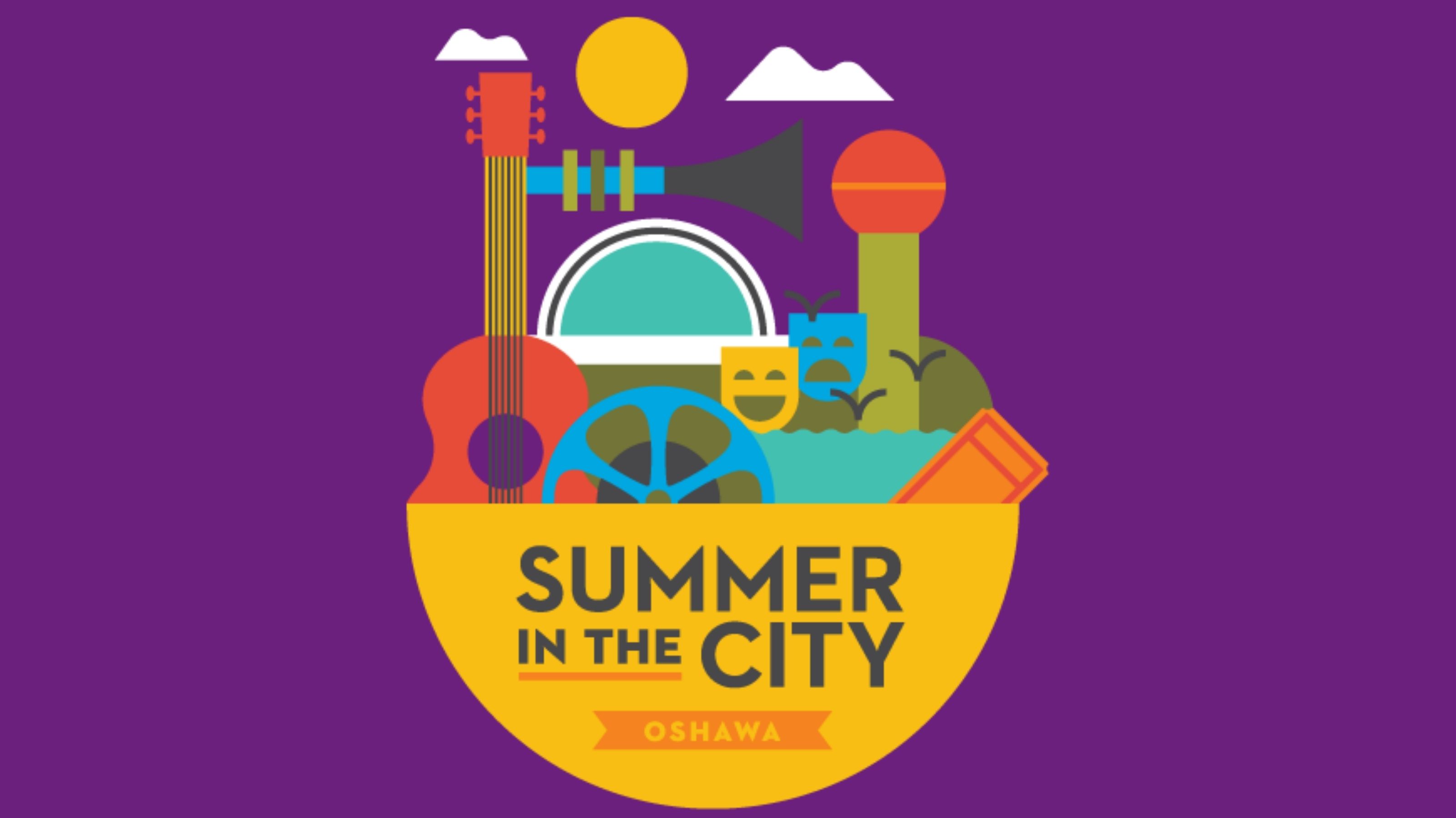 Summer in the City logo on a purple background with musical graphics