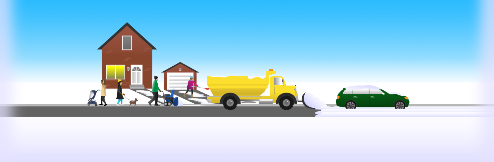 Illustration of people walking on sidewalk, snowplow on roadway
