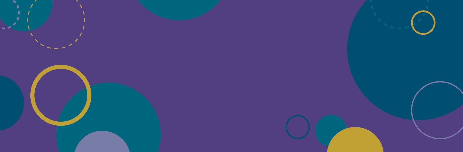 dark purple background with scattered circles in green, teal, blue, white and gold