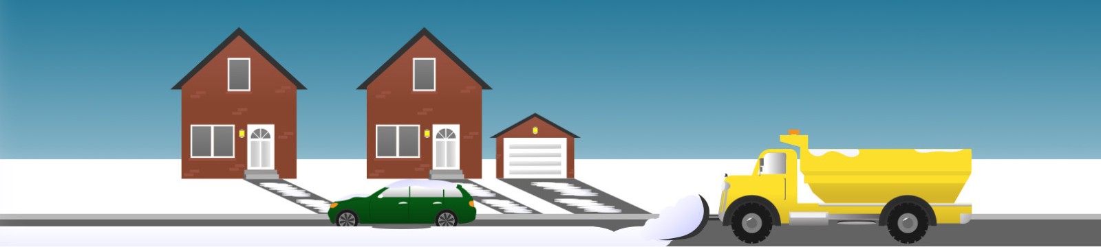 Plow clearing snow with car parked in front of two brown houses