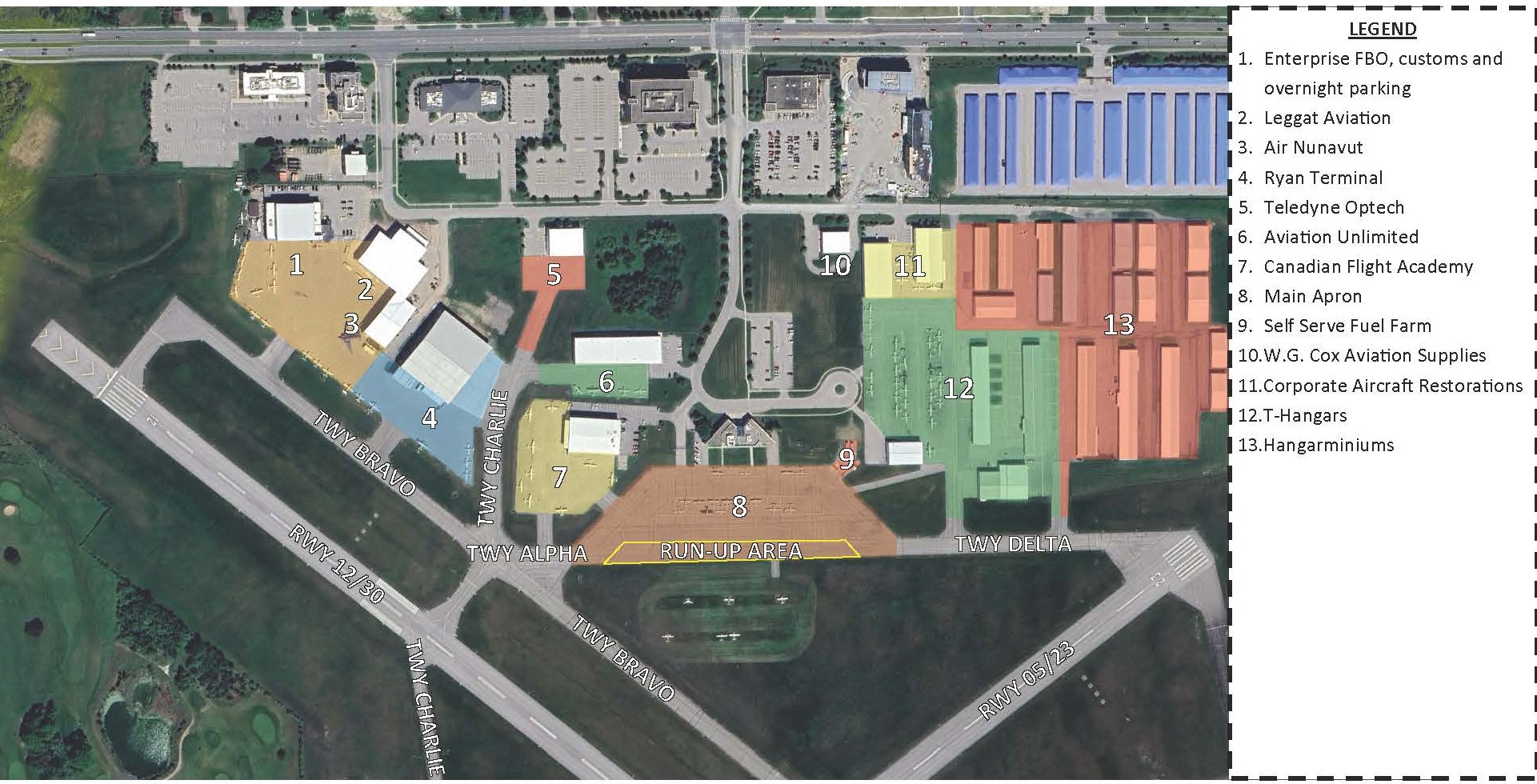 Map of Oshawa Executive Airport showing all buildings