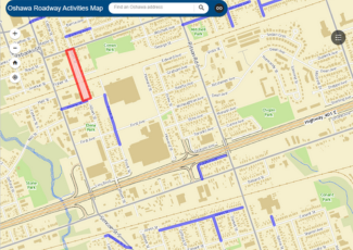 Map showing areas of active road work.