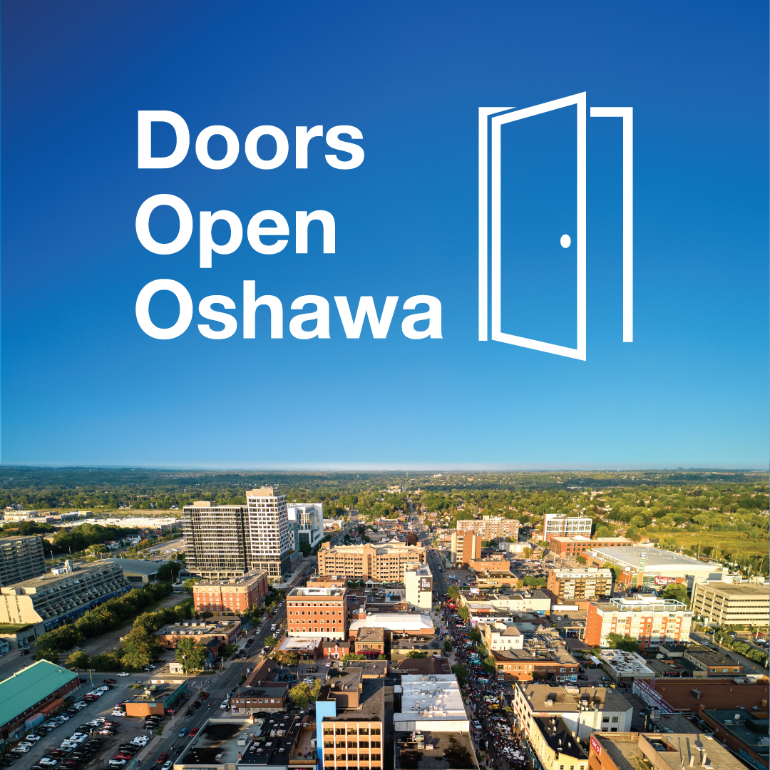 Doors Open logo with aerial photo of downtown Oshawa