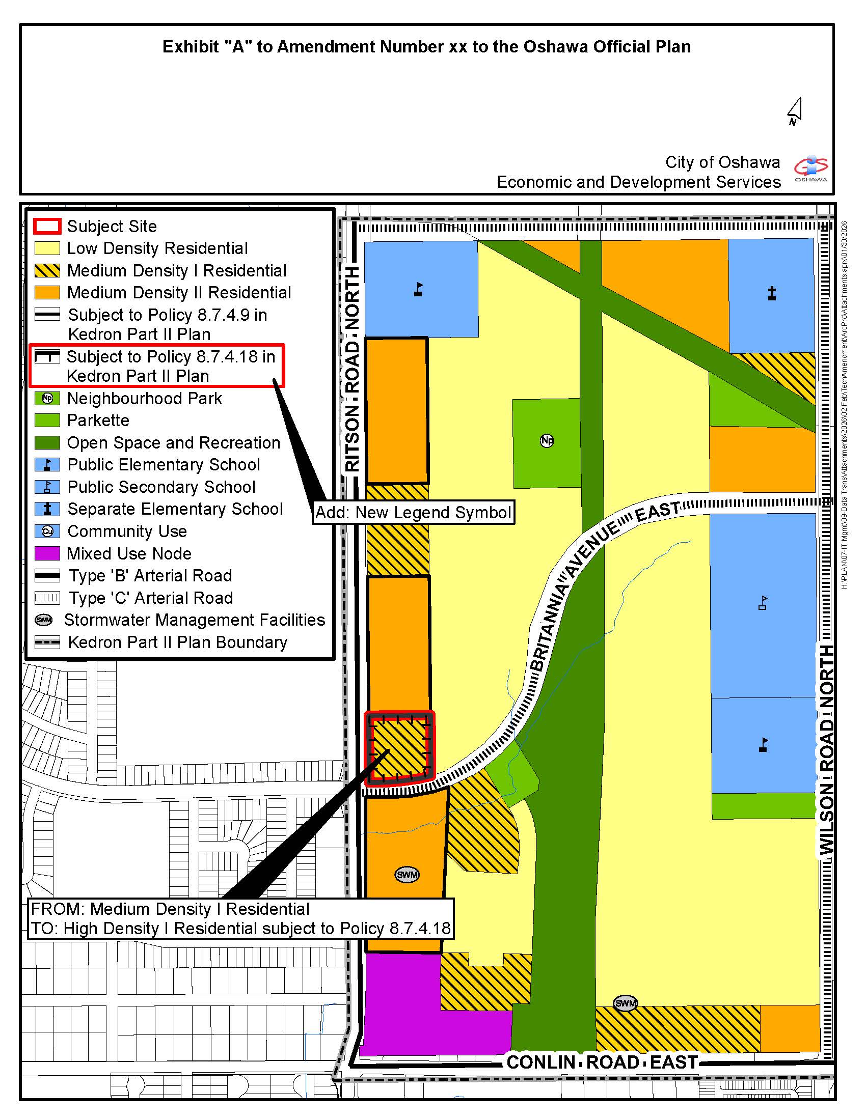 This is a map of Kedron Part II Plan Schedule ‘A’, Kedron Land Use and Road Plan describing redesignating the lands at the northeast corner of Ritson Road North and Britannia Avenue East from Medium Density I Residential to High Density I Residential subject to a new Policy 8.7.4.18, and amending Schedule “A” – Map B4 of Zoning By-law 60-94 to rezone the same lands from R4-A(19).DBR40-60 “h-14” “h-38” (Residential) to R4-A(19).DBR 40-85/R6-C.DBR 40-160 “h-14” “h-38” (Residential).