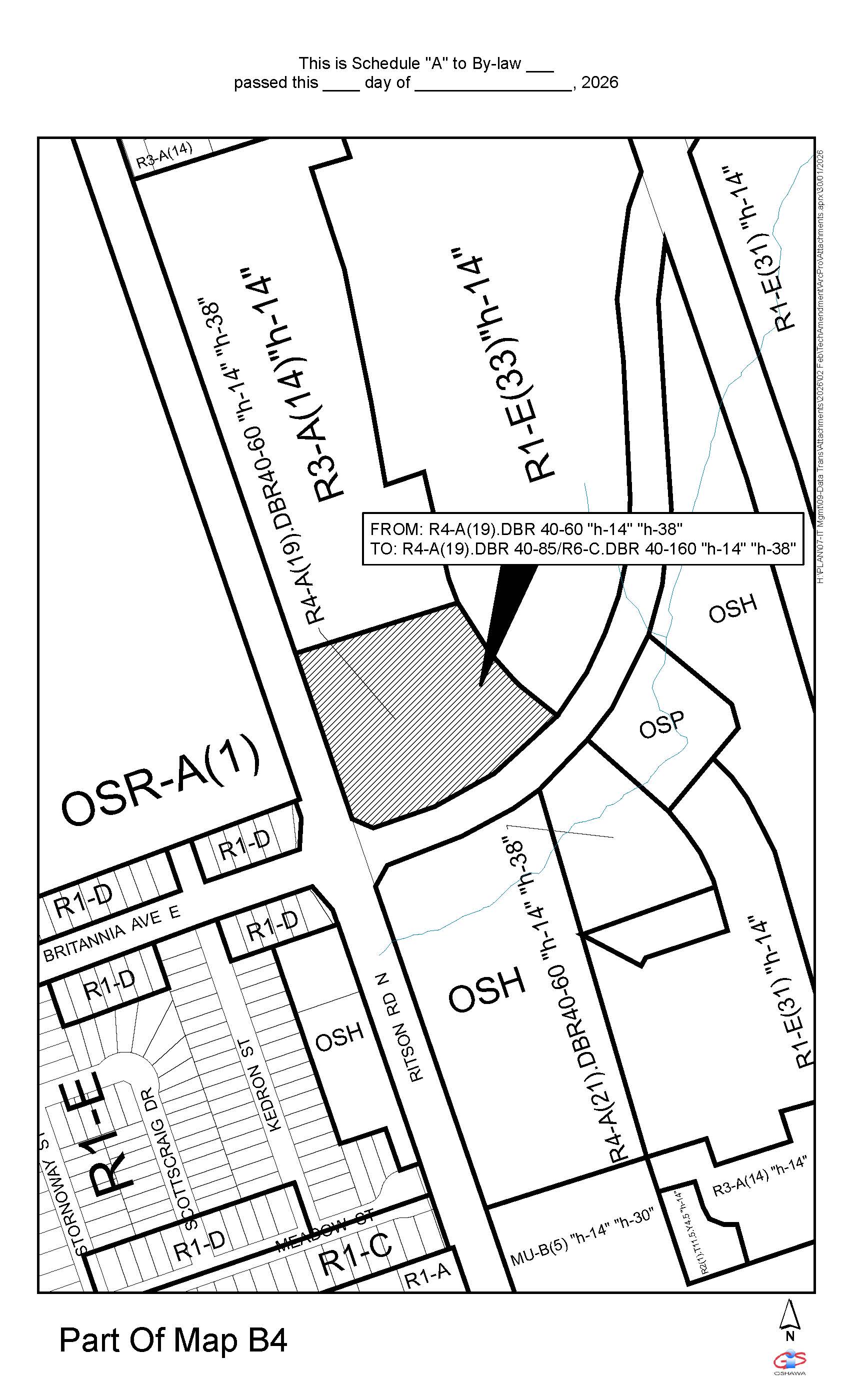 This is a map of Kedron Part II Plan Schedule ‘A’, Kedron Land Use and Road Plan describing redesignating the lands at the northeast corner of Ritson Road North and Britannia Avenue East from Medium Density I Residential to High Density I Residential subject to a new Policy 8.7.4.18, and amending Schedule “A” – Map B4 of Zoning By-law 60-94 to rezone the same lands from R4-A(19).DBR40-60 “h-14” “h-38” (Residential) to R4-A(19).DBR 40-85/R6-C.DBR 40-160 “h-14” “h-38” (Residential).