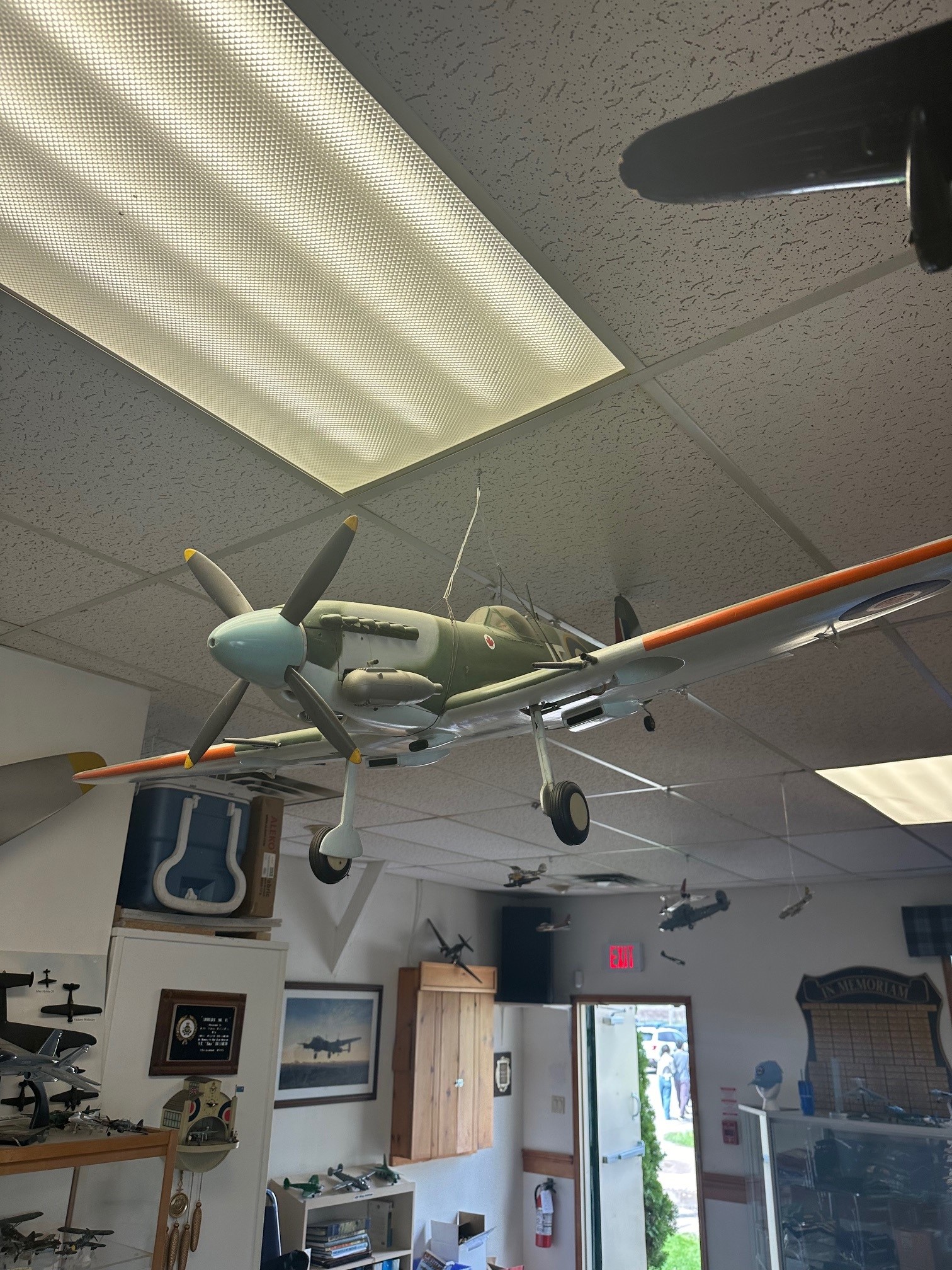 green and white model airplane hanging from ceiling