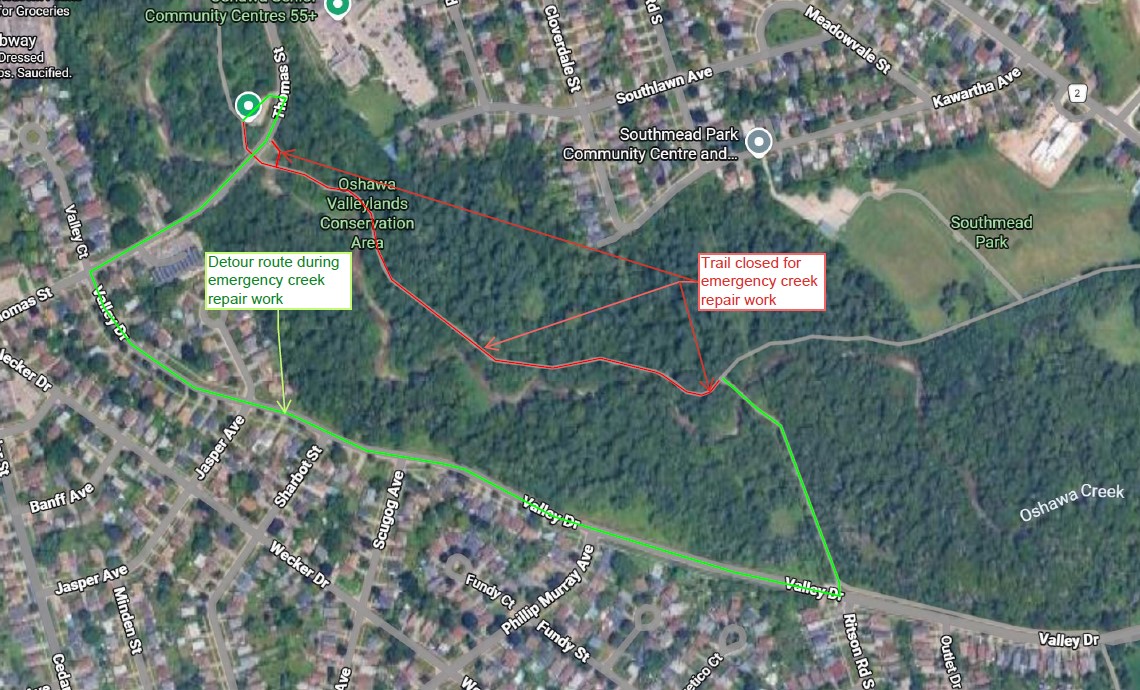 Joseph Kolodzie Oshawa Creek trail closure for repair area