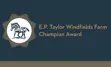 A drawing of a horse in a circular badge with the words E.P. Taylor Windfields Farm Champion Award to the right of the badge