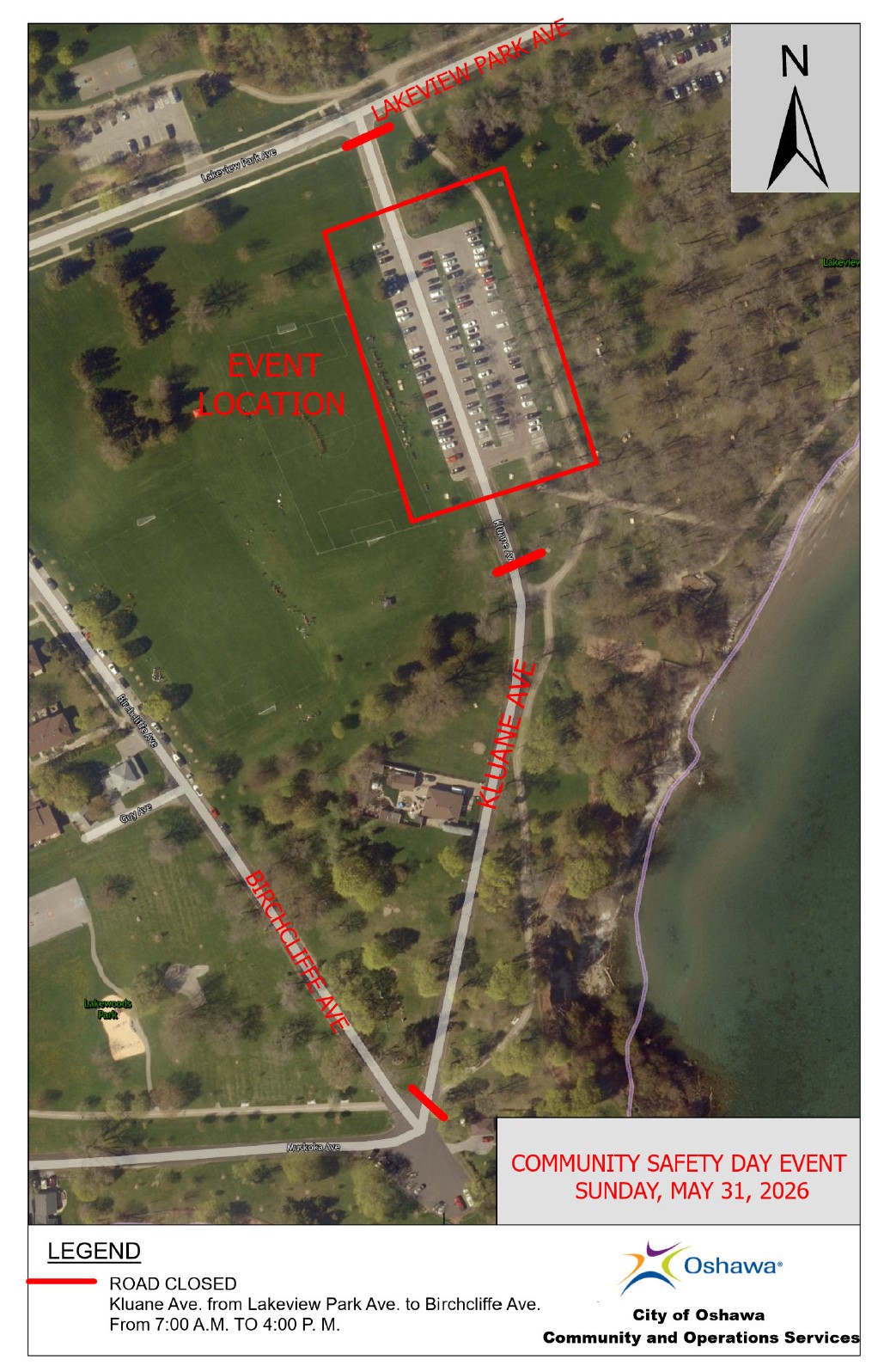 Community Safety Day Road Closure Map. Kluane Avenue closed between Lakeview Park Avenue and Birchcliffe Avenue