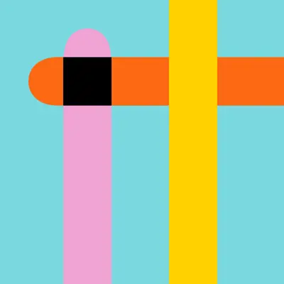 Blue background with pink, orange and yellow ribbons