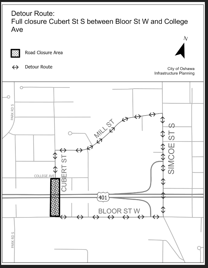 Detour Route Map: Full closure Cubert St. S. between Bloor St. W. and College Ave.