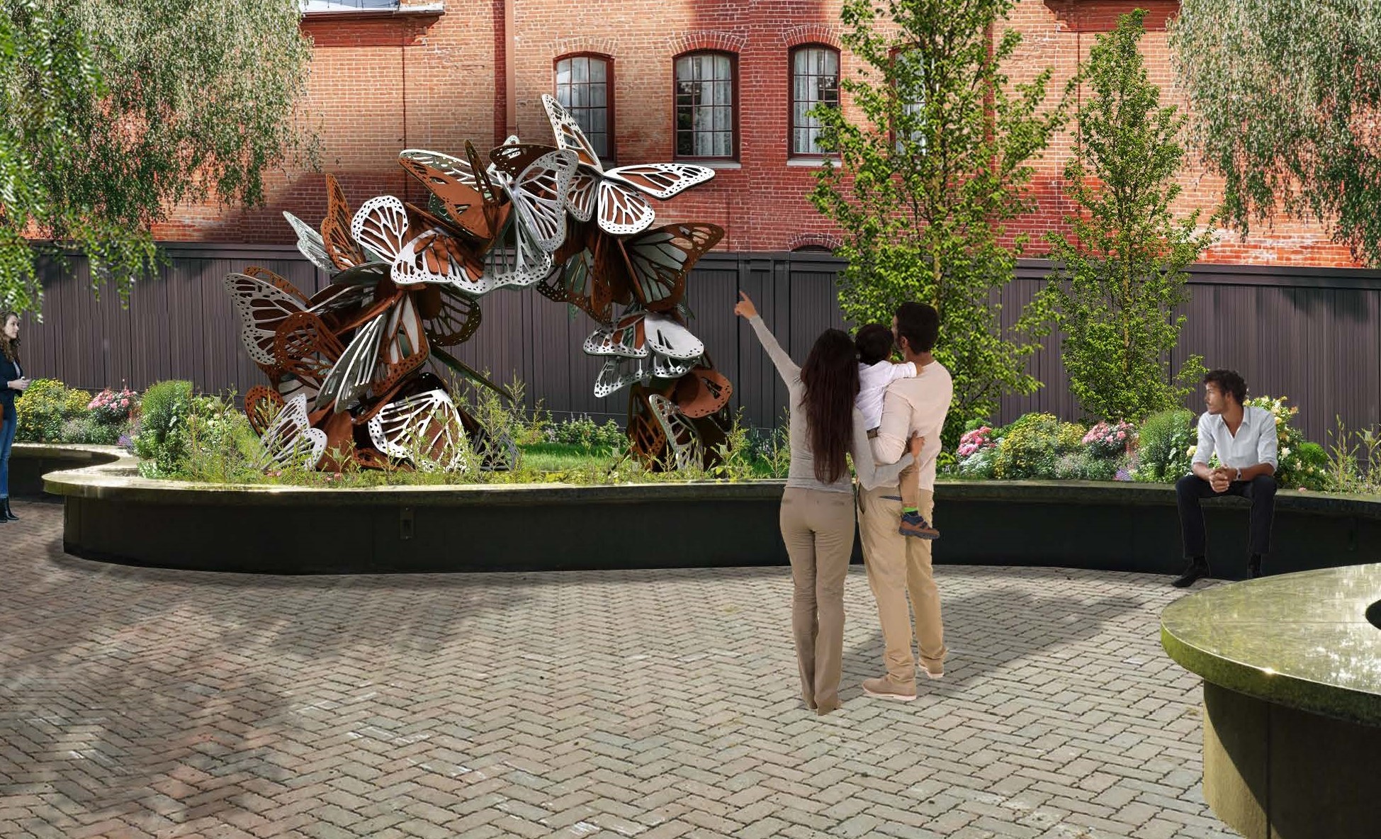 Artistic rendering of the sculpture Kaleidoscope comprised of metal butterfly wings in a garden with two people looking at the sculpture.