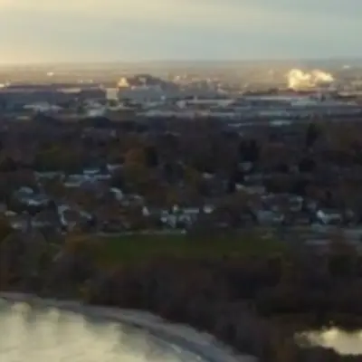 A foggy city skyline.