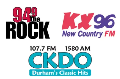 Logos for 94.9 The Rock, KX96 and CKDO radio stations