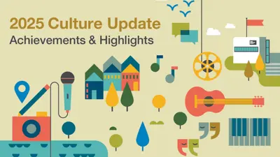 Graphic icons representing cultural elements, heading that reads "2025 Culture Update" and subheading that reads "Achievements and highlights"