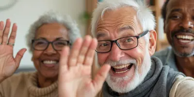 a woman and two men waving