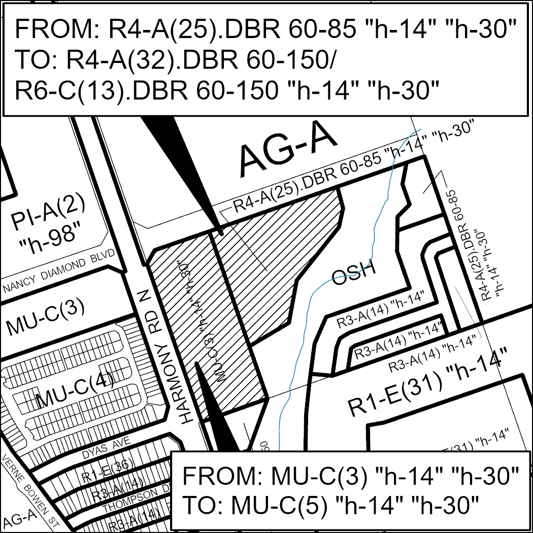 This is a map of Kedron Part II Plan describing adding a new Policy 8.7.4.19 to permit the density to be averaged between the Mixed Use II and Medium Density II Residential areas on the south side of Nancy Diamond Boulevard east of Harmony Road North and west of the Oshawa Creek.