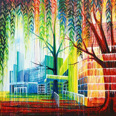 Hot Spot mural featuring trees in front of Tribute Communities Centre