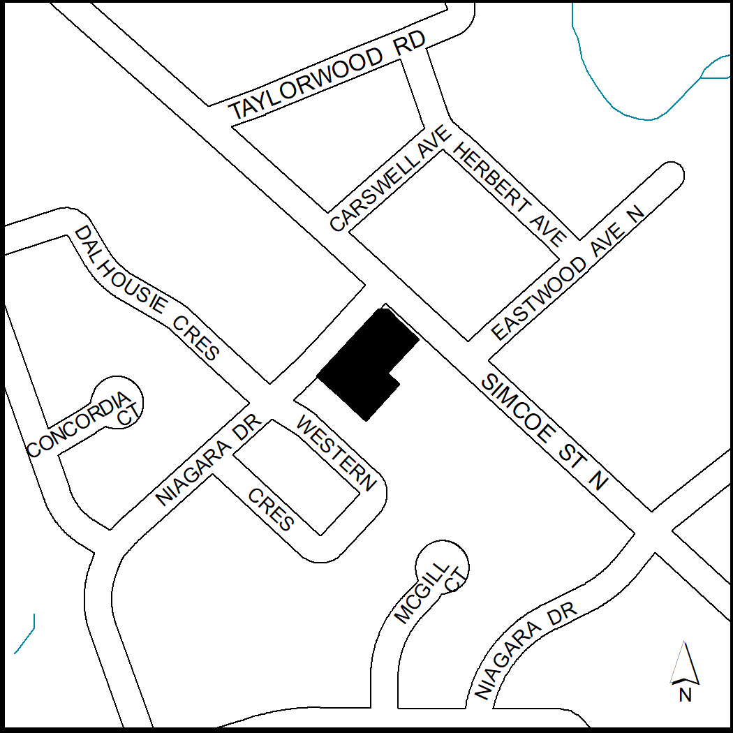 This is a map for lands at 1804, 1806, and 1808 Simcoe St. N. and 426 Niagara Dr.