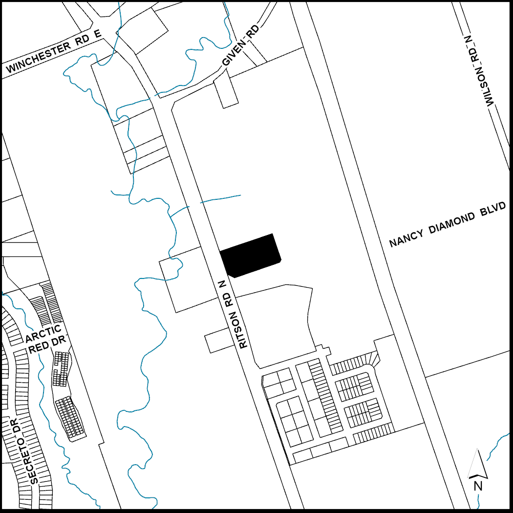 This is a map of the northeast corner of Ritson Rd. N. and future extension of Nancy Diamond Blvd.