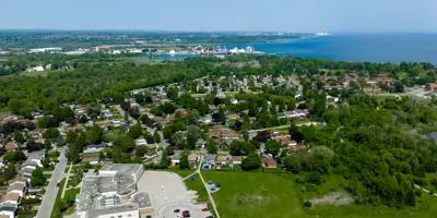 Aerial of City of Oshawa with lake