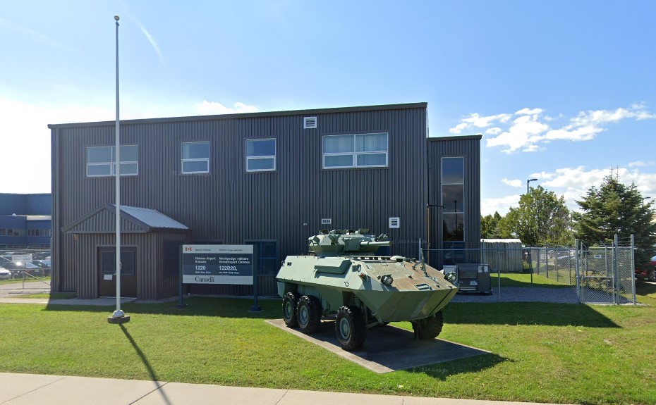 exterior of Regiment building with tank statue
