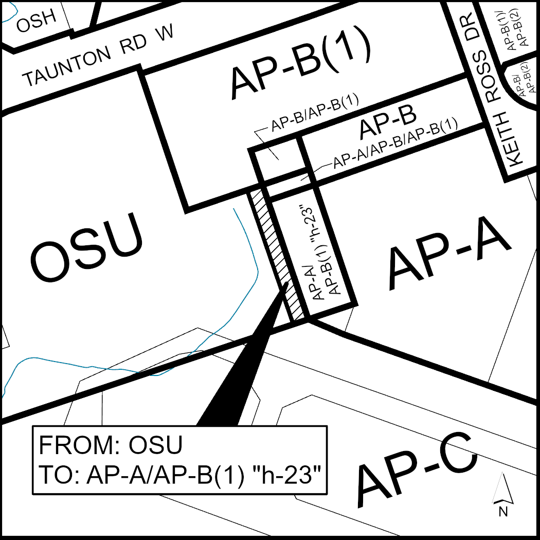 This is a map of Schedule A, Map A3 describing rezoning certain lands on the south side of Taunton Road West, west of Keith Ross Drive, from OSU (Urban Open Space) to AP-A(1) “h-109” (Airport) in part, AP-C (Airport) in part, OSH (Hazard Lands Open Space) in part, and AP-A/AP-B(1) “h-23” (Airport) in part.