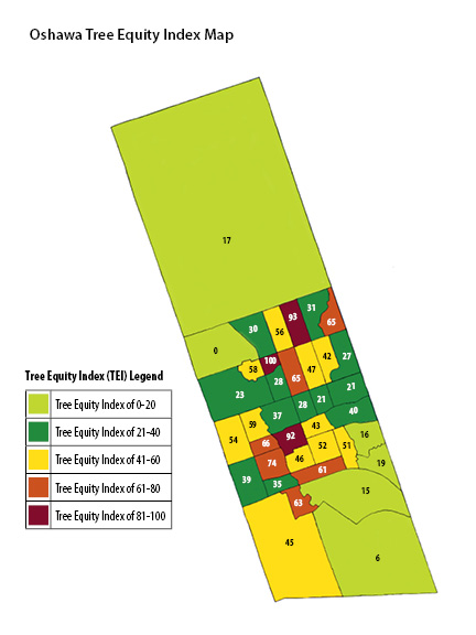 Oshawa's tree equity index map
