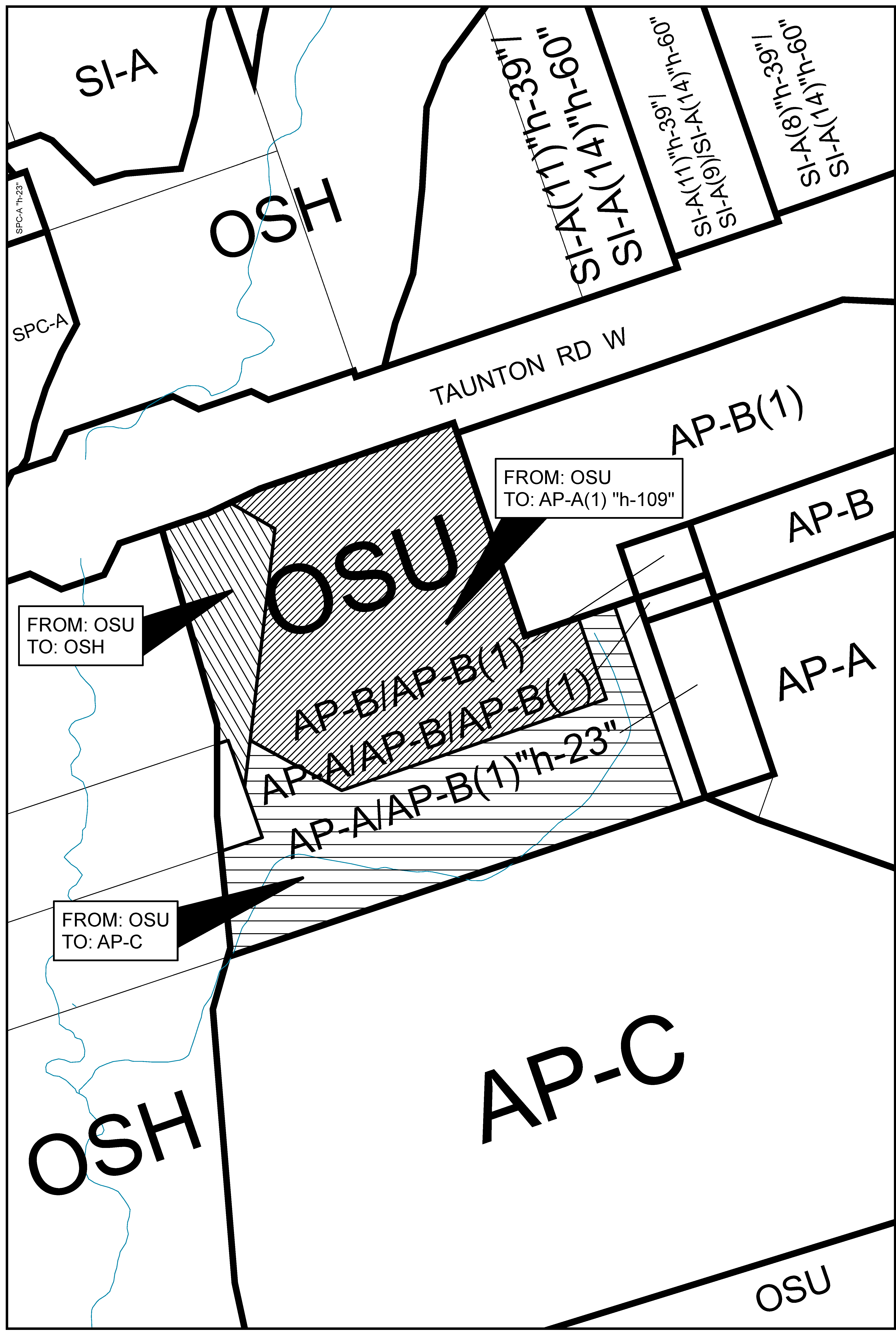 This is a map of Schedule A, Map A3 describing rezoning certain lands on the south side of Taunton Road West, west of Keith Ross Drive, from OSU (Urban Open Space) to AP-A(1) “h-109” (Airport) in part, AP-C (Airport) in part, OSH (Hazard Lands Open Space) in part, and AP-A/AP-B(1) “h-23” (Airport) in part.