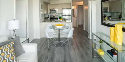 interior view of a living room and kitchen area of an apartment