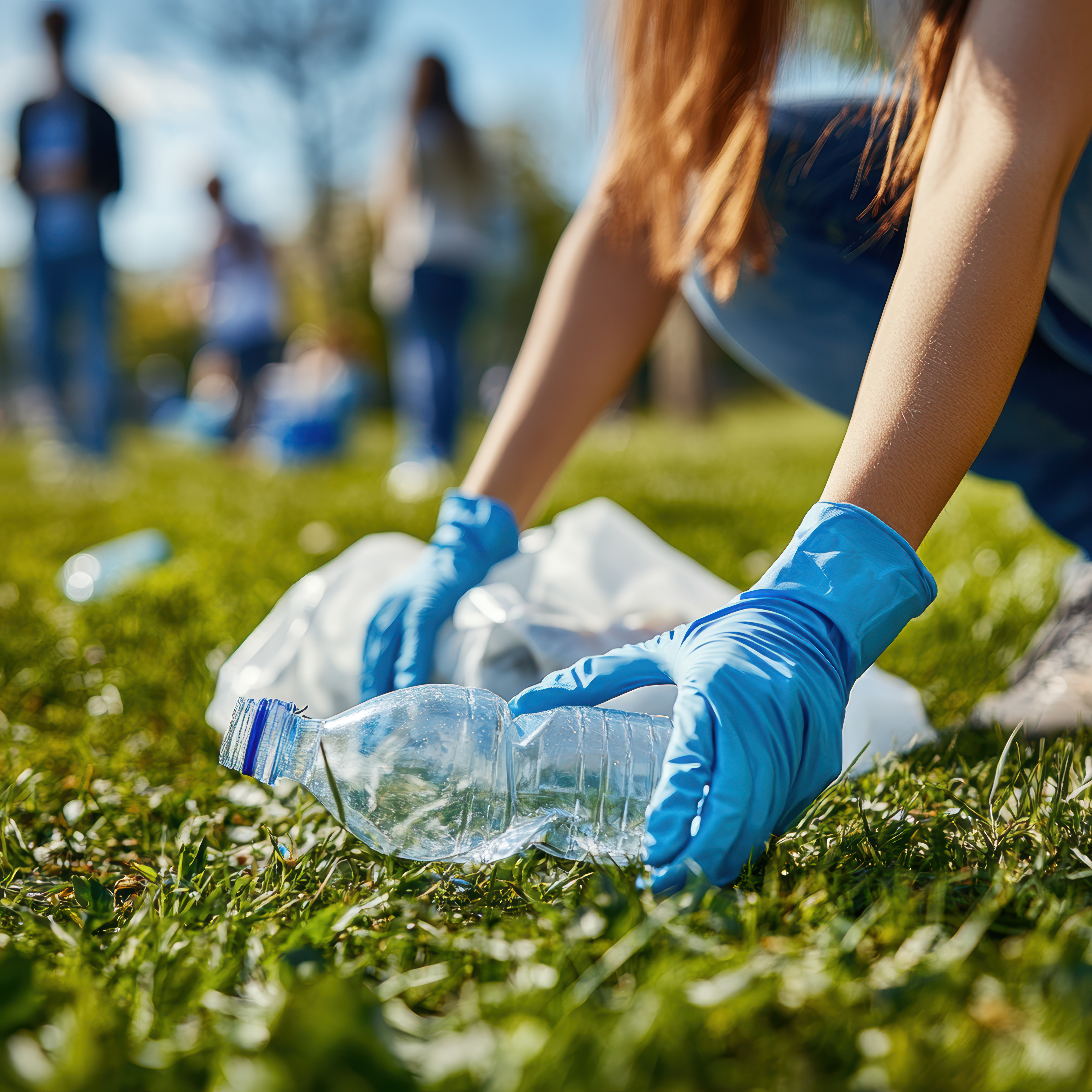 A person wearing blue latex gloves crouching down to pick up a plastic water bottle off of the grass
